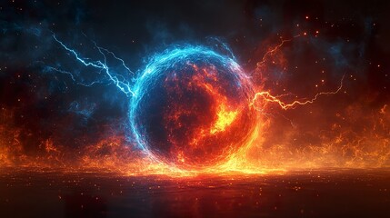 Obraz premium Abstract red and blue energy sphere with lightning bolts on dark background, symbolizing duality 