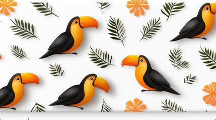 Fototapeta premium Tropical Toucan Seamless Pattern: Birds & Leaves