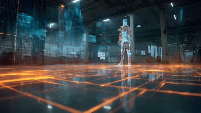 Humanoid wireframe in an advanced digital environment with futuristic technology showcasing artificial intelligence