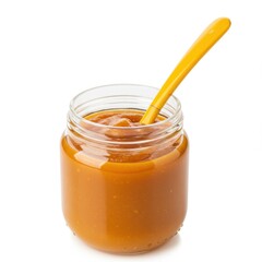 Jar of baby food with spoon isolated on white background