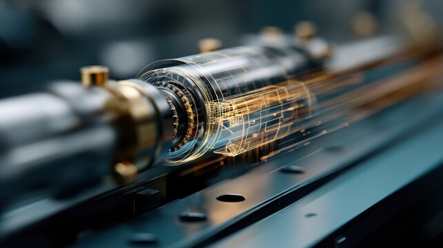 A high-tech, futuristic cylinder with glowing digital circuitry on a metallic industrial background.