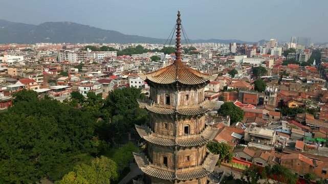 Drone 4K, aerial view, Fuzhou, Fujian, China, old town and temple
