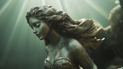 A bronze statue of a mermaid with flowing hair and a fish tail, set against a greenish background with light rays.