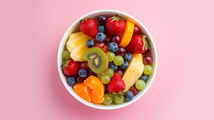 Colorful Fruit Salad Bowl with Strawberries, Blueberries, and Kiwi on Pink Background