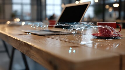 A modern workspace with a laptop, a red cup, and futuristic holographic elements on a wooden desk in a bright office.