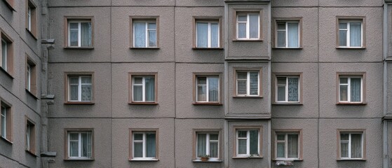 Fototapeta premium The symmetrical facade of a gray building showcases a repetitive pattern of square, white-framed windows, evoking urban uniformity.