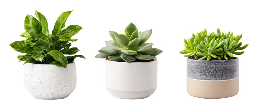 Isolated green succulent and leafy plants in white pots on transparency background