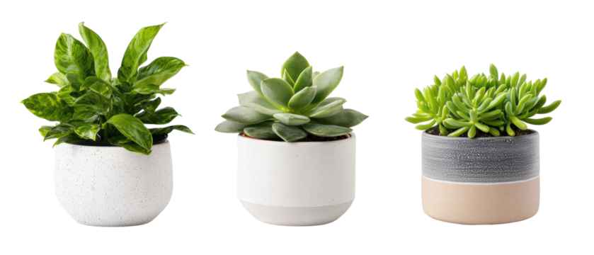 Isolated green succulent and leafy plants in white pots on transparency background