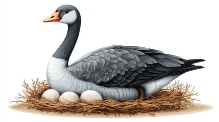 Obraz premium vector illustration of a gray goose sitting in a nest and hatching eggs. Isolated on a white background 