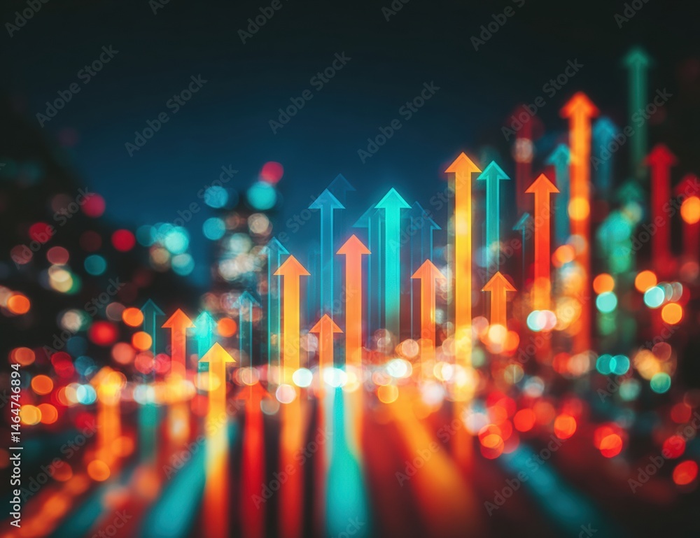 Poster dynamic visual of upward arrows with blurred city background at night capturing growth and progressi