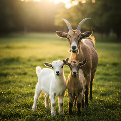 Adorable Goat Family in Green Pasture at Sunset