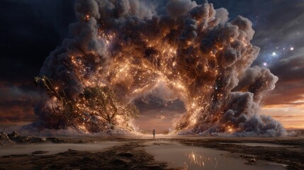 Fototapeta premium Mysterious portal glows amid surreal landscape with clouds and golden light during twilight