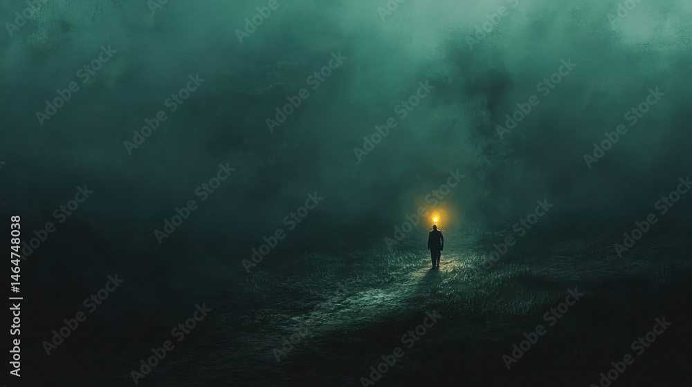 Poster a man holding a lantern that illuminates a tiny patch of a pitch-black path, with the rest of the ro