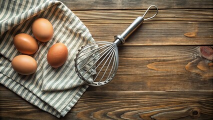 Rustic Kitchen Still Life Brown Eggs, Whisk, and Striped Linen on Wooden Table