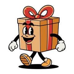Cartoon gift box character walking happily with ribbon and smile on white background, vector image