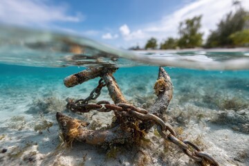 Fototapeta premium Underwater anchor resting on sandy ocean floor in clear blue waters with sunlight glimmering above