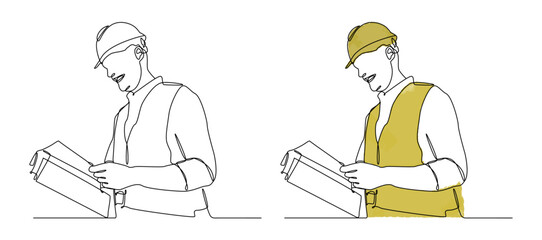 Minimalist one line drawing of a construction worker or engineer wearing a hard hat and holding a blueprint. for architectural firms, construction industry branding, etc.