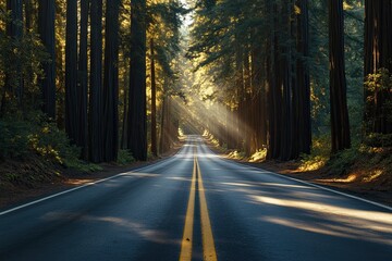 Obraz premium Sunlight streams down a forest road