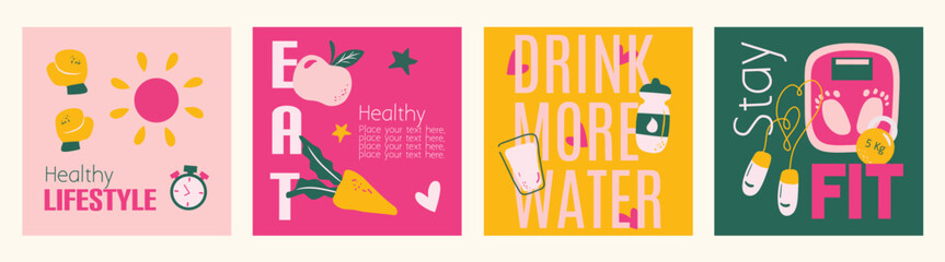 Healthy Lifestyle background set. Mindful eating, improving hydration, managing weight, balanced diet with fruits, vegetables, fitness, exercise. Vector editable illustration for infographic, poster.