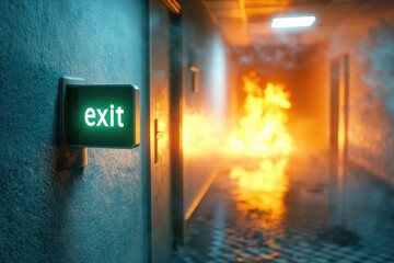 Emergency exit sign in burning hallway