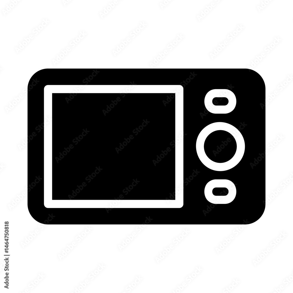 Poster simplified digital camera icon with basic functionality displayed on a black background