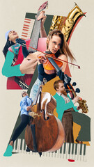 Musicians playing guitar, saxophone, violin, and double bass in layered composition. Contemporary art collage. Concept of music, performance, creativity. Elegant and artistic design. 3 models © master1305