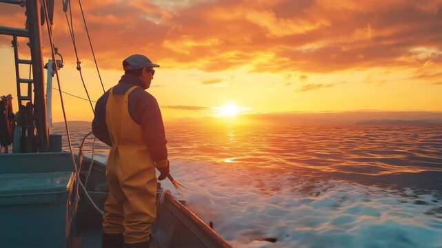 朝焼けの海で漁に出る漁師