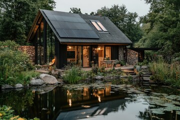 Obraz premium Modern cabin nestled beside a tranquil pond, featuring solar panels.