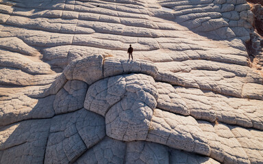 Man standing at White Pocket in Vermillion Cliffs of Northern Arizona.  White sandstone calcium deposit rocks scattered over the dry desert landscape.  Photographed at sunset.