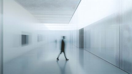 Fototapeta premium A blurry figure walks down a long hallway in a minimalist modern building.