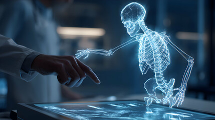 Futuristic medical examination of human skeleton with glowing holographic technology interface