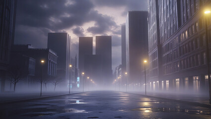 This image depicts an urban street scene enveloped in a thick layer of fog during what appears to be either early morning or late evening. 