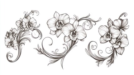 Elegant Orchid Floral Designs, White Background, for Design