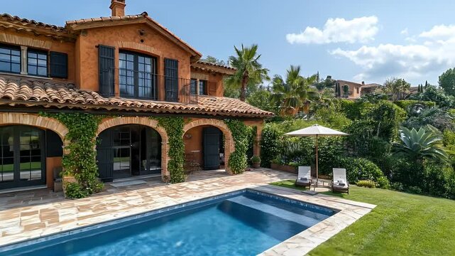 Luxury Terracotta Villa Exterior with Swimming Pool Patio and Garden featuring Stone Arches Black Shutters and Lush Greenery under a Clear Blue Sky