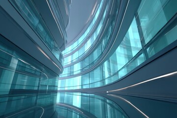 Fototapeta premium Modern Architectural Interior with Curved Glass and Light Reflections