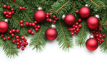 Christmas border with red ornaments and berries on evergreen branches