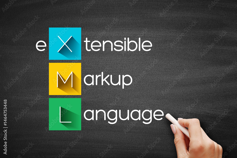Poster xml - extensible markup language acronym, technology concept background on blackboard