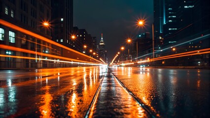 Fototapeta premium Streaks of orange and white light paint the night cityscape, reflecting on a wet street. City lights blur in the background.
