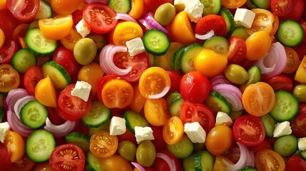A colorful assortment of fresh cherry tomatoes, cucumbers, olives, onions, and feta cheese cubes in a vibrant salad.