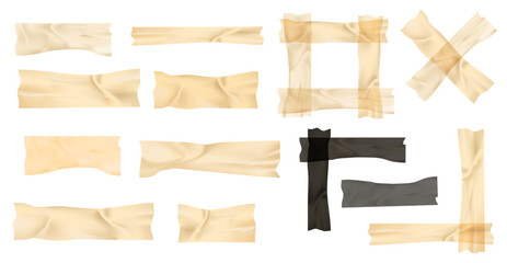 Set of realistic masking and duct tape pieces in beige, black, and transparent tones with torn and wrinkled textures, digital scrapbooking, presentations, note collages, .Vector illustration