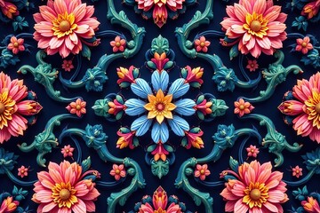 Intricate floral motif within a repeating hexagonal pattern , floral design, surface
