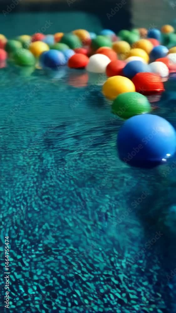 Poster assortment of colorful spheres floating on rippling turquoise water, with abstract reflections and s