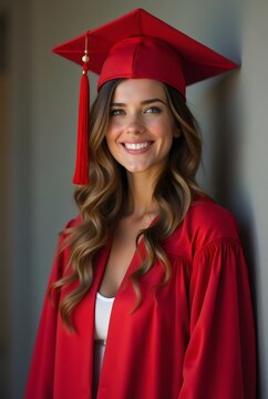 JOVENES VESTIDOS DE TOGA Y BIRRETE ROJO EN SU GRADUACION