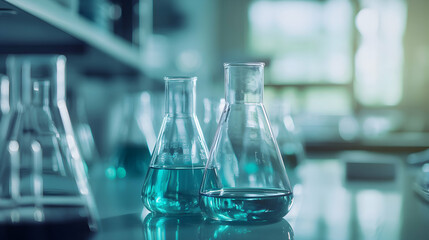 Laboratory glassware filled with blue liquid on a shelf in a science lab.