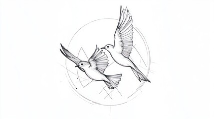 Two doves in flight, geometric background, love, peace