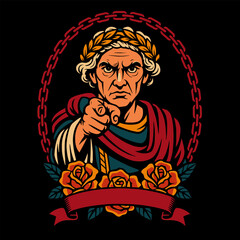 Pointing Man Illustration with Laurel Wreath Roses and Ribbon