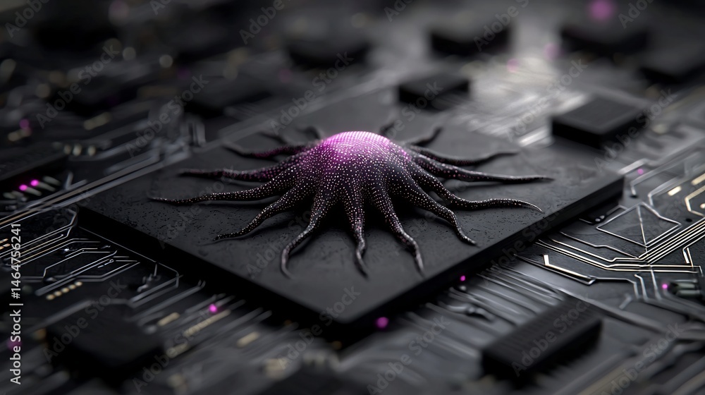 Poster complex biological structure on circuit board. intricate design