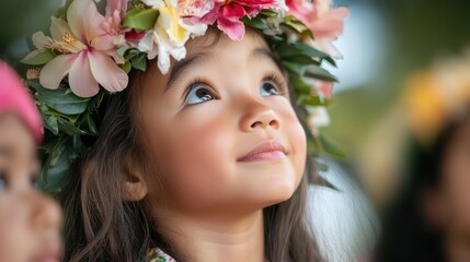 Naklejka premium Asian child with floral crown gazing upward in natural light
