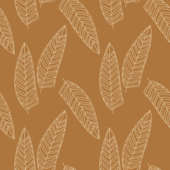 Fototapeta premium Hand drawn floral illustration. Exotic leaves seamless pattern vector. Abstract botanical backdrop. Line continuous drawing, wallpaper, cartoon background, fabric, textile, minimal print. 