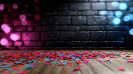 Colorful confetti falls on a wooden floor against a dark brick background, celebrating joy.